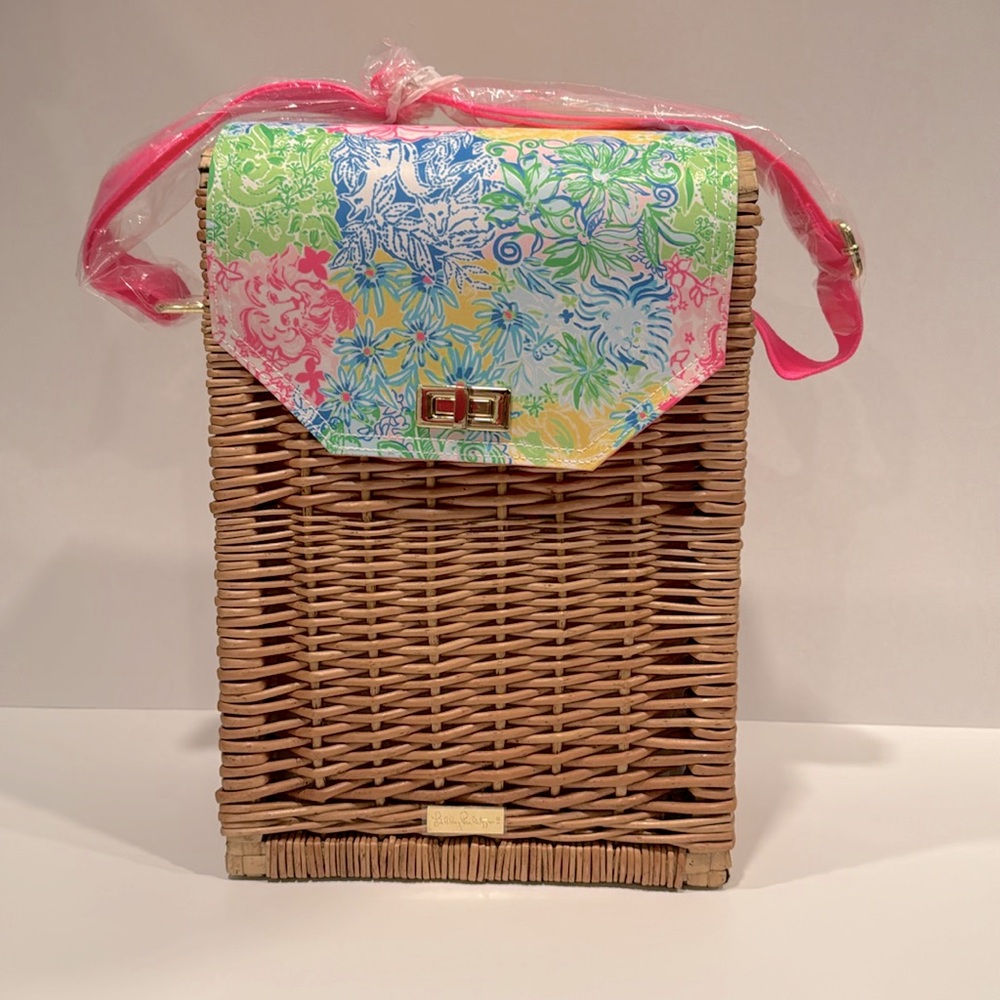 NEW LILLY PULITZER Wicker Wine Carrier Case 2 Bottles Bag